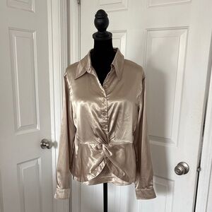 Violet & Claire Champagne Satin Twist-Front Button-Up Blouse